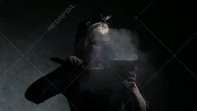 Dark portrait of evil witch with knife and bowl. 4K UHD