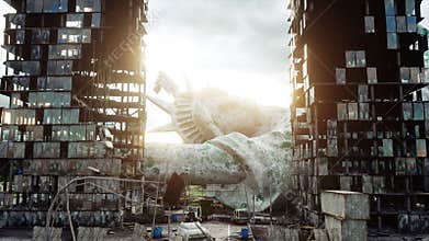 Apocalypse of USA, America. Aerial View of the destroyed New York city, Statue of liberty. Apocalypse concept. Super