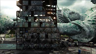 Apocalypse of USA, America. Aerial View of the destroyed New York city, Statue of liberty. Apocalypse concept. Super