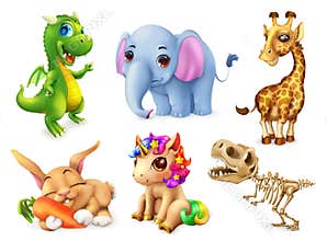 Funny animal set. 3d vector icon