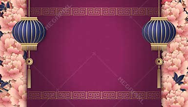 Happy Chinese new year retro relief pink peony flower lantern spiral cross lattice frame border