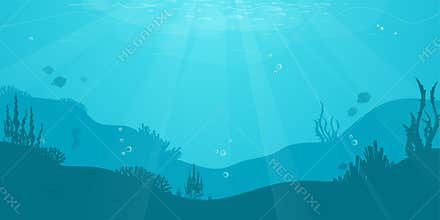 Underwater cartoon flat background with fish silhouette, seaweed, coral. Ocean sea life, cute design