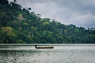 Simple wooden dugout canoe on Barombi Mbo crater lake of Cameroon, Africa
