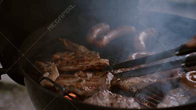 Barbecue grill meat sausages on outdoor terrace