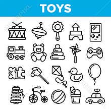 Children Toys Linear Vector Thin Icons Set