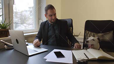 Happy businessman working on laptop in office sitting next to dog with a tie