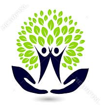 Hand with family tree logo icon element on white background.