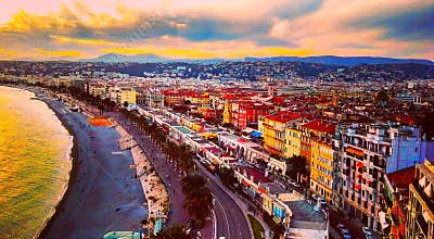 View of sunset at sea of Mediterranean Sea, Bay of Angels, Cote d`Azur, French Riviera, Nice, France