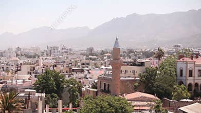 View of the Arab city by a mosque, The Arab city near the sea, the minaret in the Arab city, the Muslim, the Muslim city