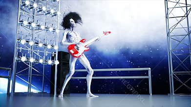 Alien rock party on space ship. Concert. Guitar, bass and drum play. Earth background. Alien funny concept. Realistic 4K