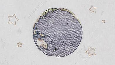 Cartoon pen drawn planet earth globe spin on white old paper background seamless endless loop animation - new quality