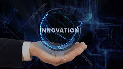 Painted hand shows concept hologram Innovation on his hand
