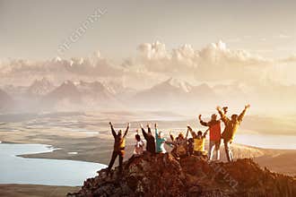 Big group of people success mountain top