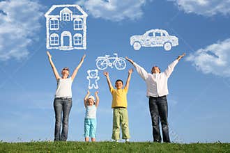 Family on grass with hands up and dream, collage