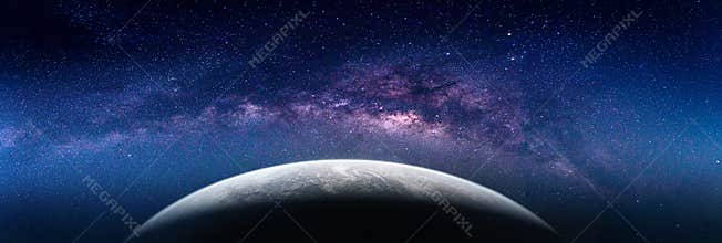 Landscape with Milky way galaxy. Earth view from space with Milk
