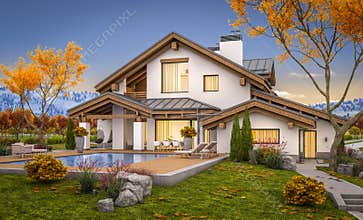 3d rendering of modern house in evening autumn