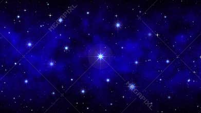 Night starry sky with moving smoke, fog, dark blue dynamic space background bright big stars, moving nebula, seamless loop
