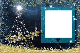 Christmas photo frame greetings cards. Santa Claus sleigh