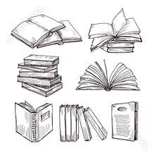 Sketch books. Ink drawing vintage open book and books pile. School education and library doodle vector symbols