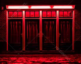 Red Light District in Amsterdam. Red boxes with curtains and wet Cobbles on the street