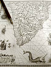 Antique map and manuscript pen