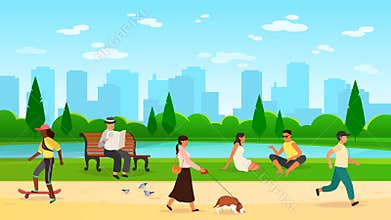 People walking park. Women men activity outdoors sport group running community fun walk nature cartoon lifestyle vector