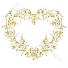 Botanical outline wreath with hand drawn flowers daffodil, narcissus