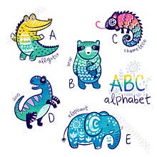 Cute zoo alphabet drawing in a chalk style. Hand drawn illustration