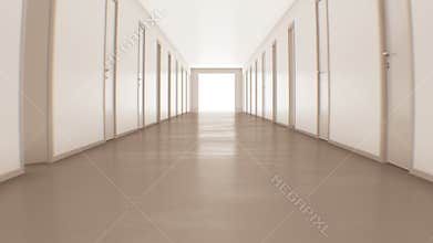 Moving Through the Light Corridor with Many Opening and Closing Doors to the Bright White Exit. Business and Technology
