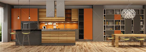 Modern house interior of living room and a kitchen in beige and orange colors.