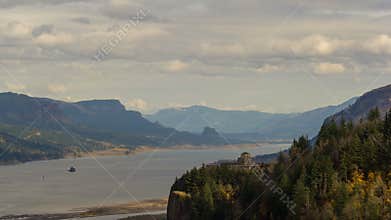 Time lapse of clouds over Vista House on Crown Point Or along Columbia River 4k