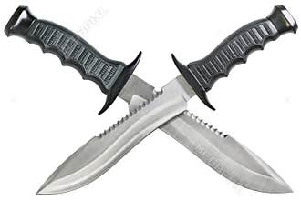 Two Tactical Combat Hunting Survival Bowie Knives With Crossed Blades Isolated On White Background