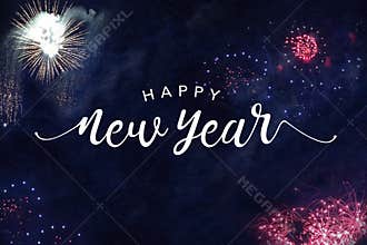 Happy New Year Typography with Fireworks in Night Sky