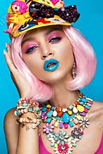 Funny comic girl with bright make-up in the style of pop art. Creative image. Beauty face.