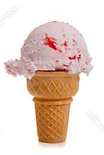 Strawberry ice cream cone on white