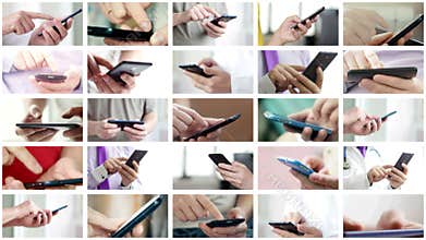 Collage of different people hands texting SMS on smartphones