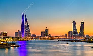 Skyline of Manama at sunset. The Kingdom of Bahrain
