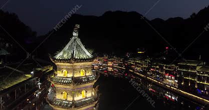 Night Aerial Shot of Fenghuang Ancient Town in China