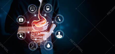 Man touching stomach and medical icon, suffering stomachache.