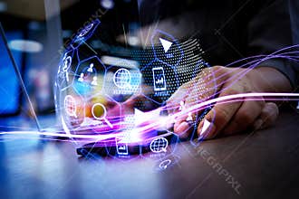 Digital marketing media (website ad, email, social network, SEO, video, mobile app) in virtual globe shape diagram.