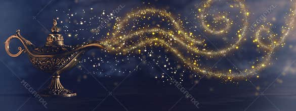 Image of magical mysterious aladdin lamp with glitter sparkle smoke over black background. Lamp of wishes.