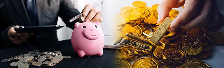 Gold Bitcoin BTC coins with bills of euro banknotes and gold bullion