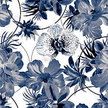 Blue Watercolor Background. Azure Flower Jungle. Navy Seamless Textile. Indigo Hibiscus Leaf. Pattern Set. Tropical Texture. Fashi