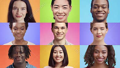 Diversity of people. Mosaic collage of happy multiethnic men and women smiling to camera over colorful background