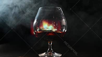 A faceless woman puts a glass of whiskey by the fireplace and smokes a cigar