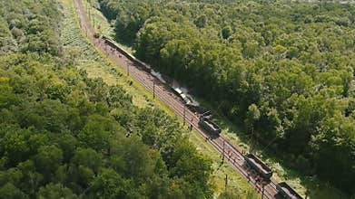 Arial view. Freight train accident, transport derailment, damaged of train