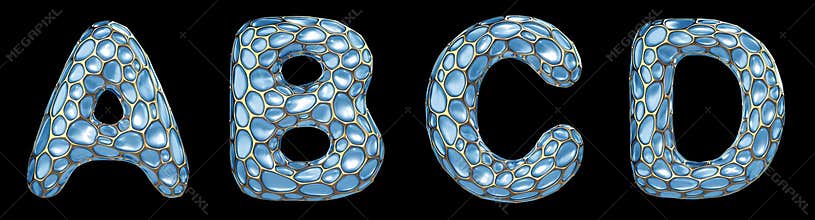 Realistic 3D letters set A, B, C, D made of gold shining metal letters.
