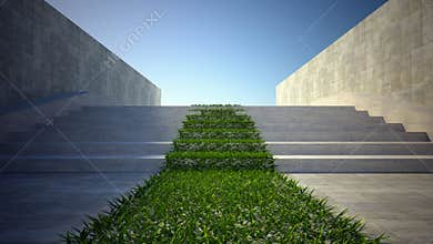 3d ecology concept, grass and stairs on street