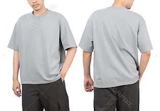 Young man in grey oversize t-shirt mockup front and back used as design template