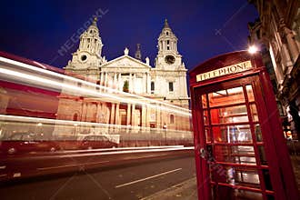 St Paul's cathedral facade, bus and phone box